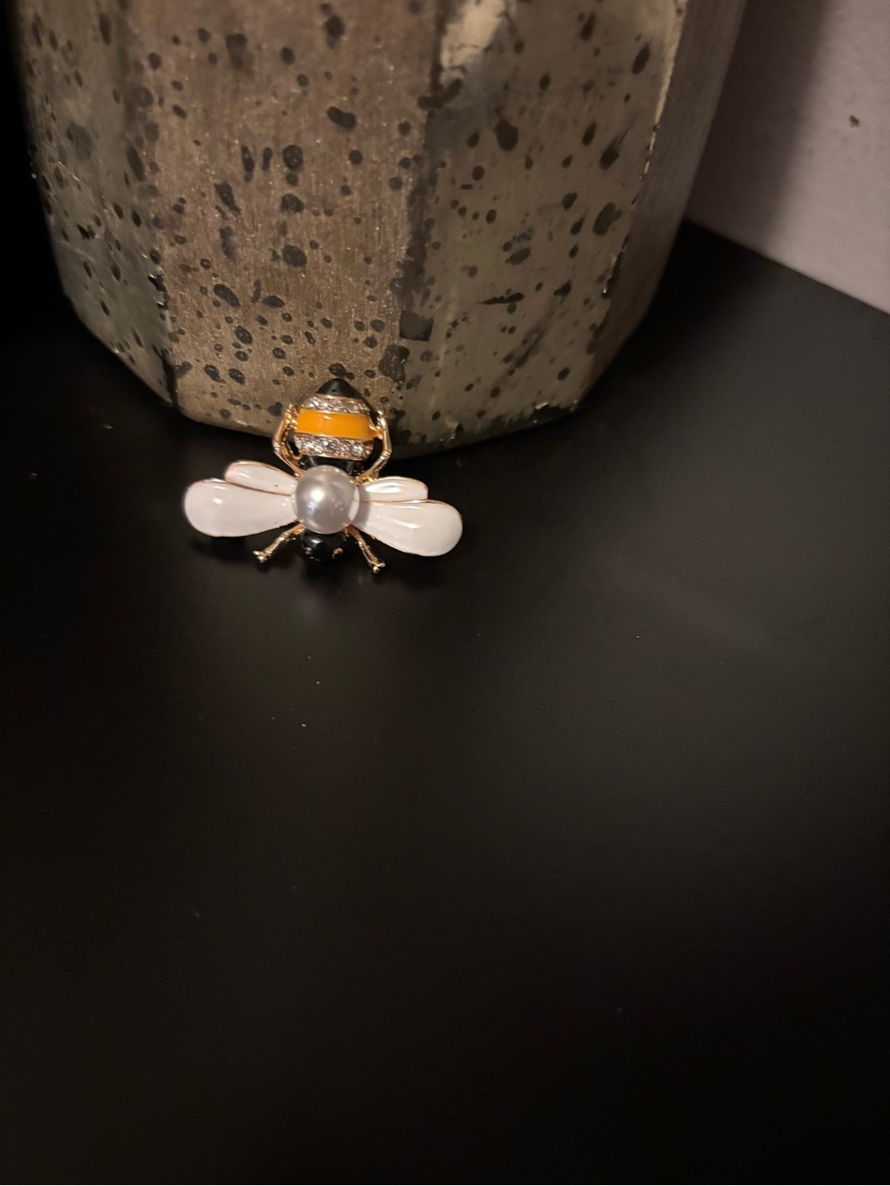 Gold Bee Brooch with White Enamel Wings and Pearl Body